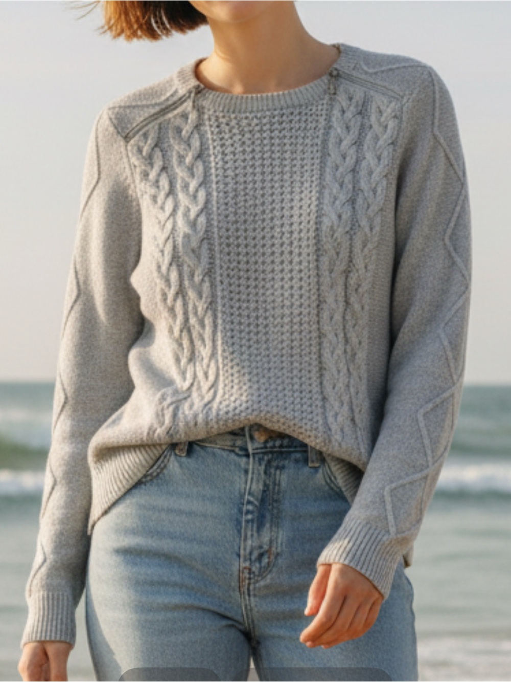Michael Kors Women’s Gray Cable Knit Long Sleeve Sweater w/ zipper accent size-M